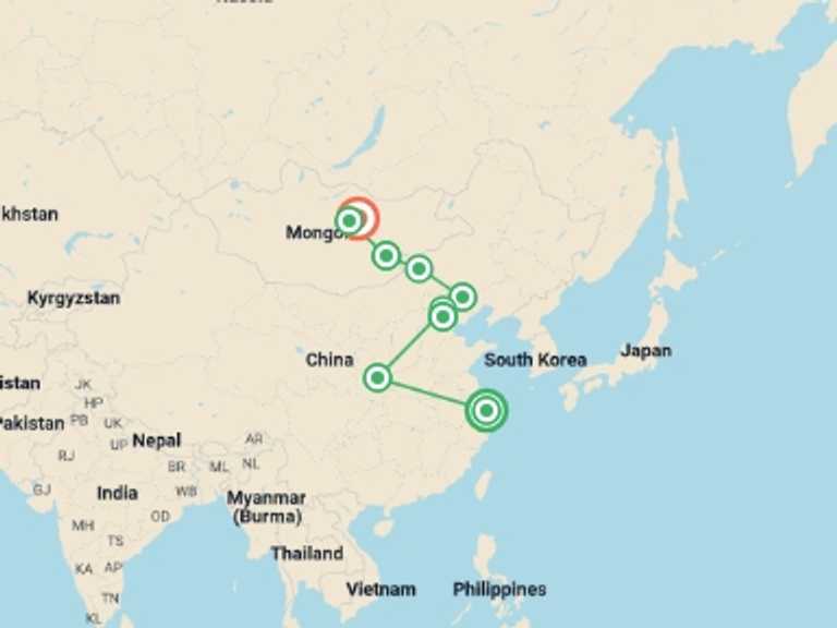 Map itinerary of Great Wall of China Tour in October 2026 with 9 destination visits for the trip: China & Mongolia Railway Adventure