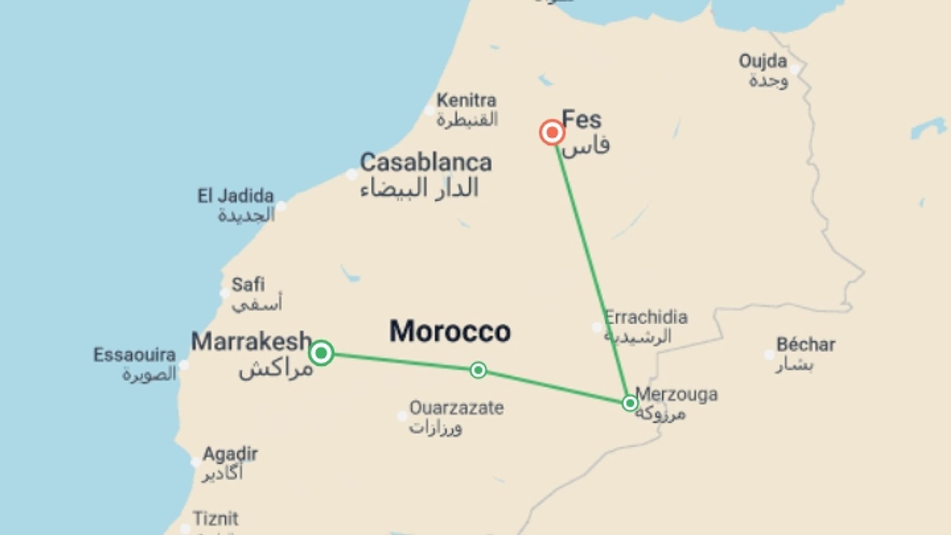 A map showing the tour itinerary for the trip: Merzouga Gorges & Deserts Private Adventure 3D/2N (Marrakech to Fes), starting in Marrakech, Morocco and ending in Fez, morocco going through 3 other destinations.