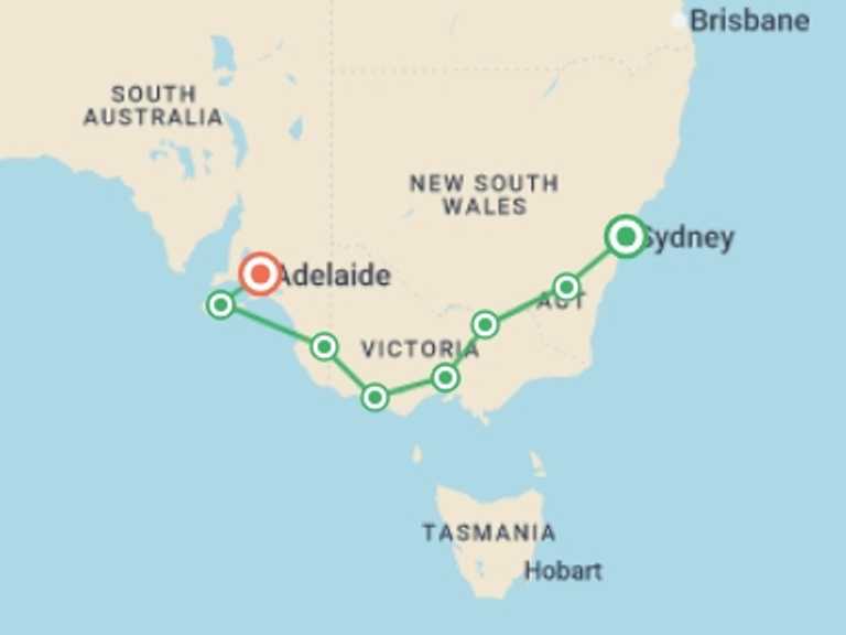 Map itinerary of Oceania Tour in Summer with 9 destination visits for the trip: Tastes of Southern Australia
