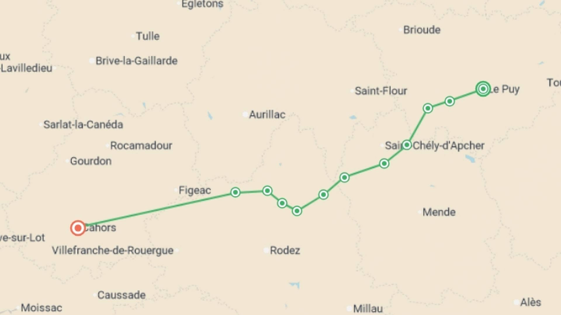 A map showing the tour itinerary for the trip: Le Puy Camino - Le Puy to Conques, starting in Le Puy-en-Velay, France and ending in Cahors, France going through 11 other destinations.