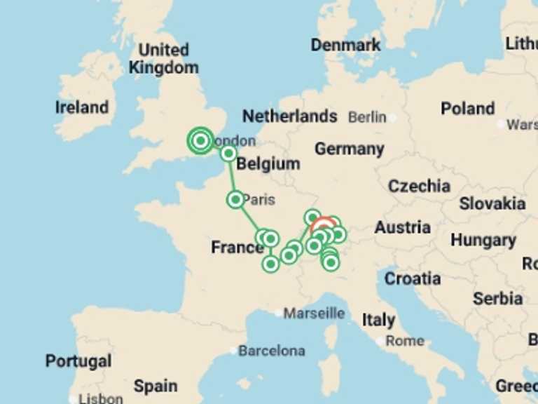 Map of Europe Tour with 8 destination visits for the trip: Solo Lite Spectacular London to the Swiss Alps