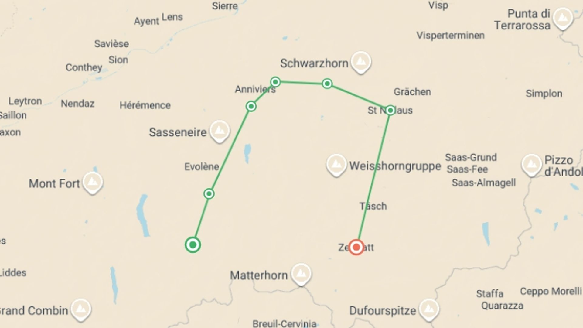 A map showing the tour itinerary for the trip: The Haute Route, starting in Arolla, Switzerland and ending in Zermatt, Switzerland going through 5 other destinations.