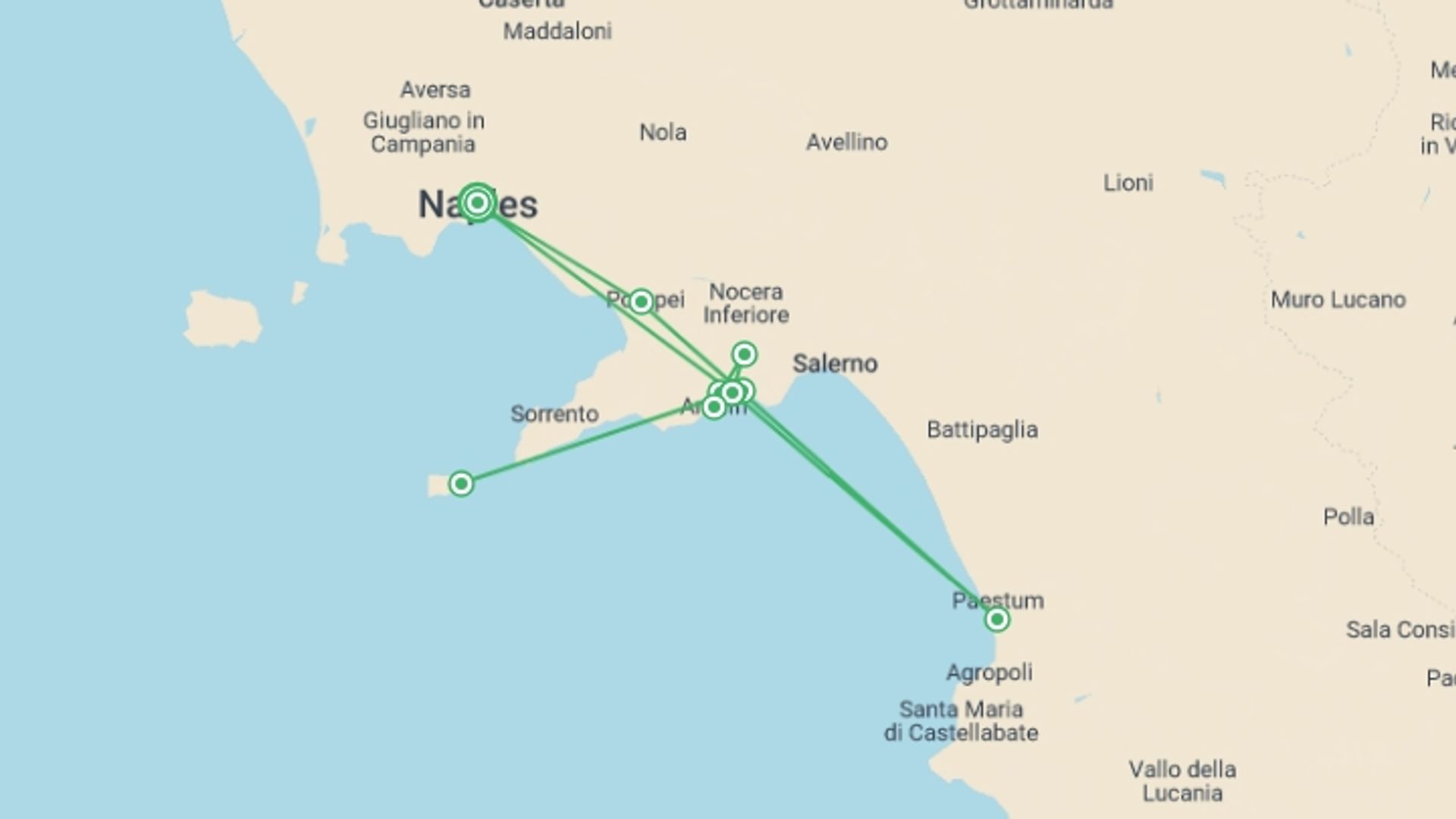 A map showing the tour itinerary for the trip: Enchanting Southern Italy, starting in Naples, Italy and ending in Naples, Italy going through 2 other destinations.