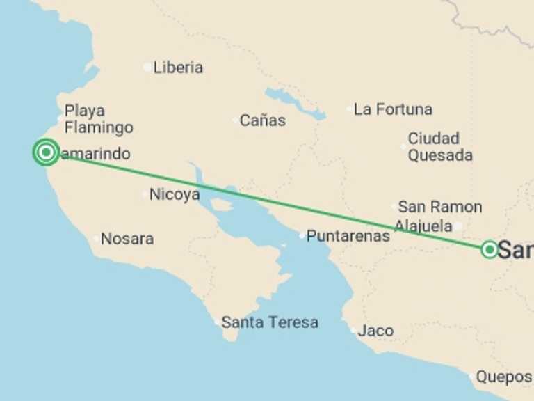 Map itinerary of Central America Tour in July 2026 with 2 destination visits for the trip: Fun In The Sun At Tamarindo Beach, Short Break