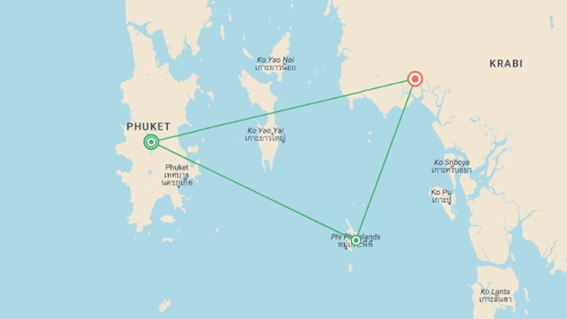 A map showing the tour itinerary for the trip: Picturesque Solo Islands of Thailand Tour, starting in Phuket, Thailand and ending in Krabi, Thailand going through 1 other destinations.