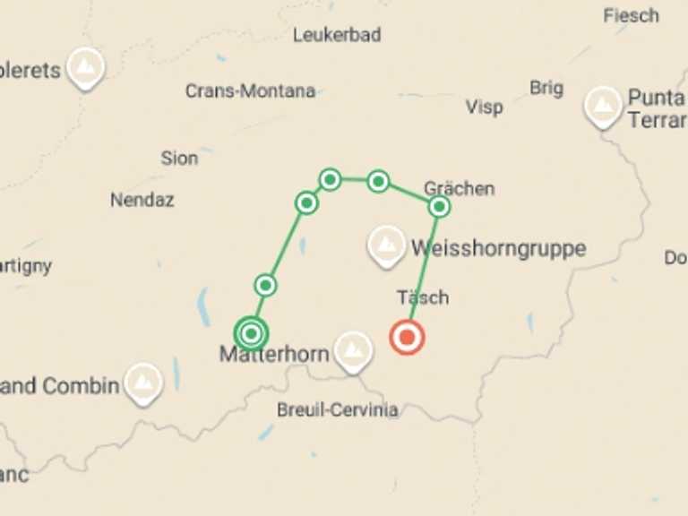 Map of Europe Trekking and Hiking Tour with 7 destination visits for the trip: The Haute Route