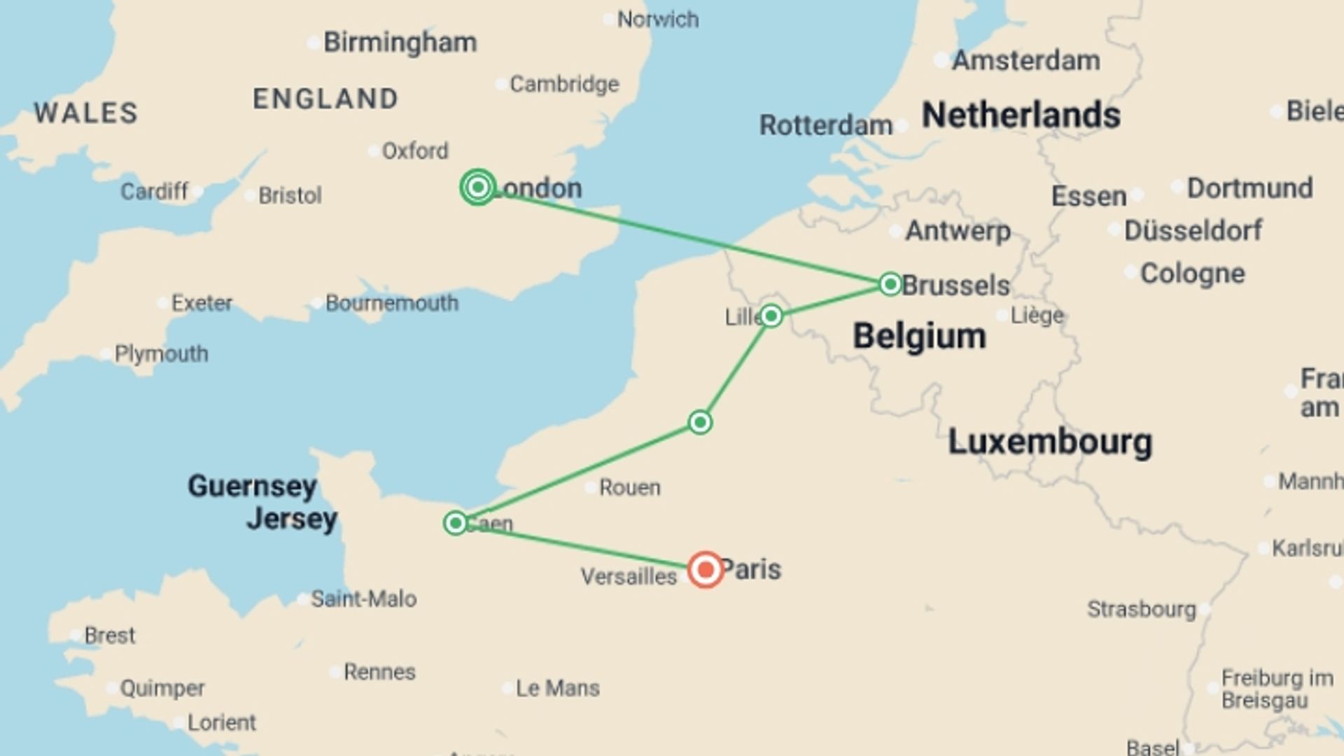 A map showing the tour itinerary for the trip: Battlefields of WWI & WWII, starting in London, England and ending in Paris, France going through 4 other destinations.