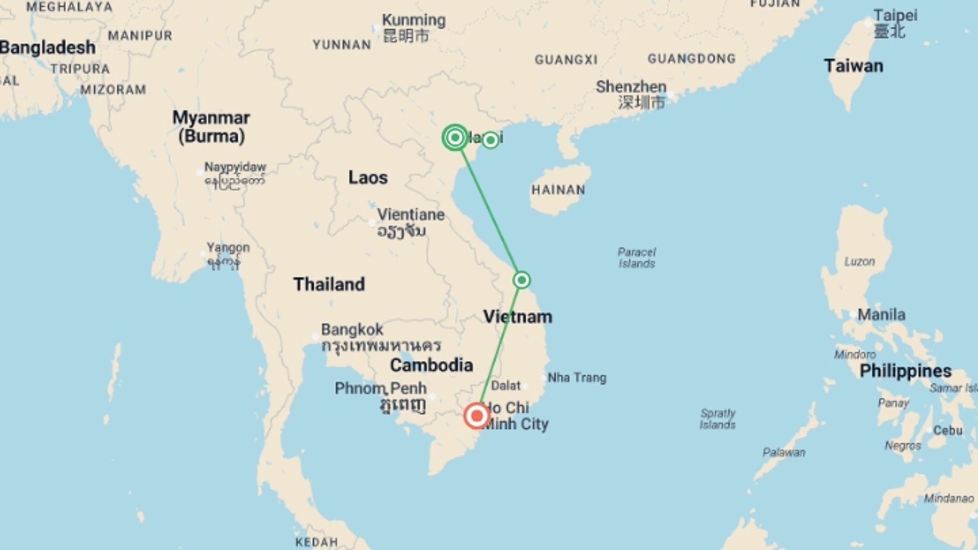 A map showing the tour itinerary for the trip: Premium Vietnam, starting in Hanoi, Vietnam and ending in Ho Chi Minh City, Vietnam going through 2 other destinations.