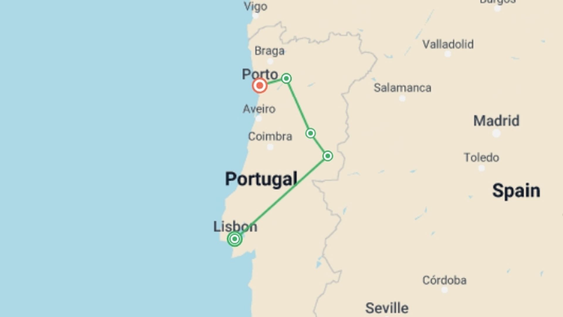 A map showing the tour itinerary for the trip: Portugal: Coastal Walks, Vineyards & Villages of the Douro Valley, starting in Lisbon, Portugal and ending in Porto, Portugal going through 3 other destinations.