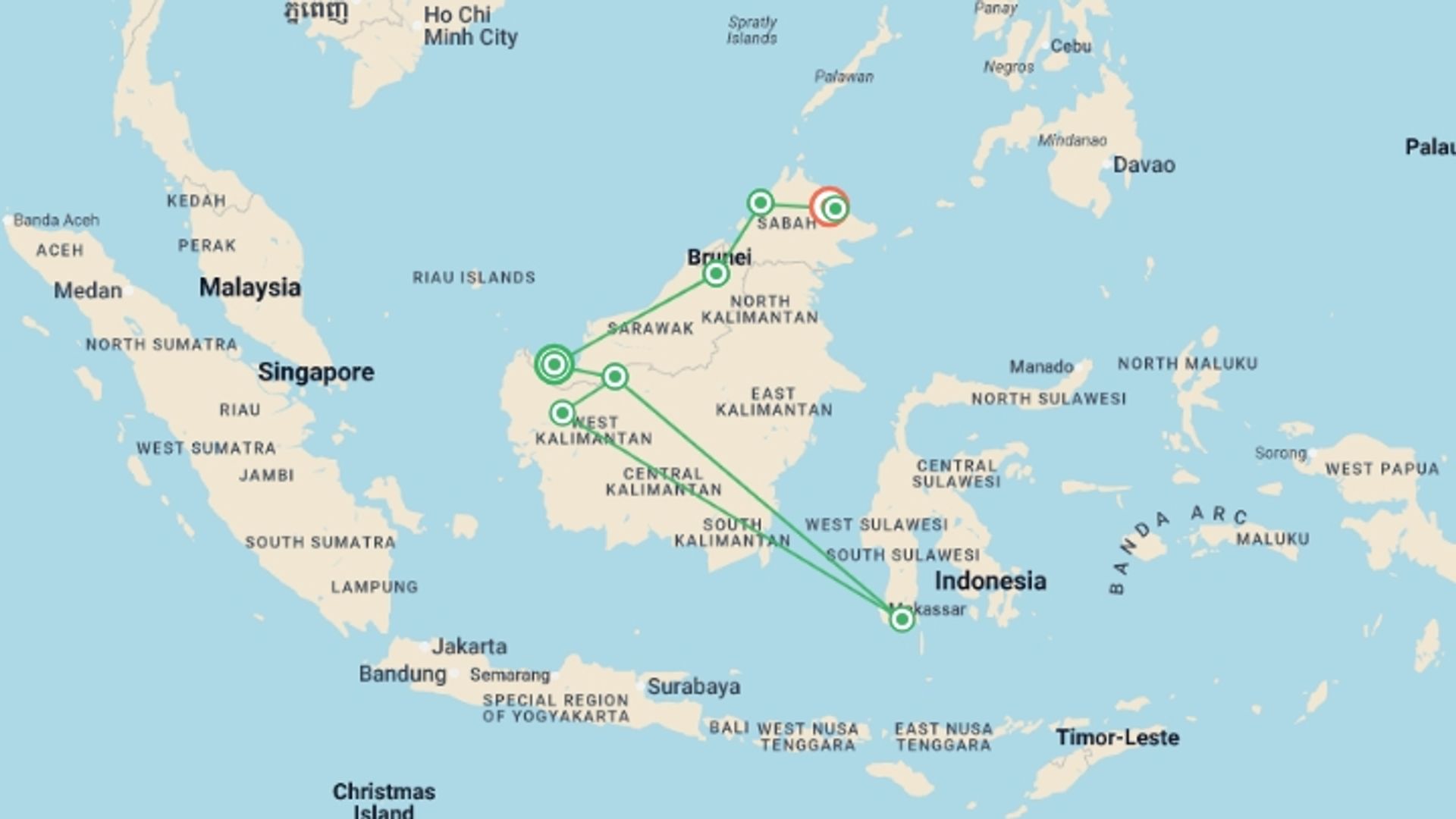 A map showing the tour itinerary for the trip: Borneo Adventure, starting in Kuching, Malaysia and ending in Sepilok, Malaysia going through 6 other destinations.