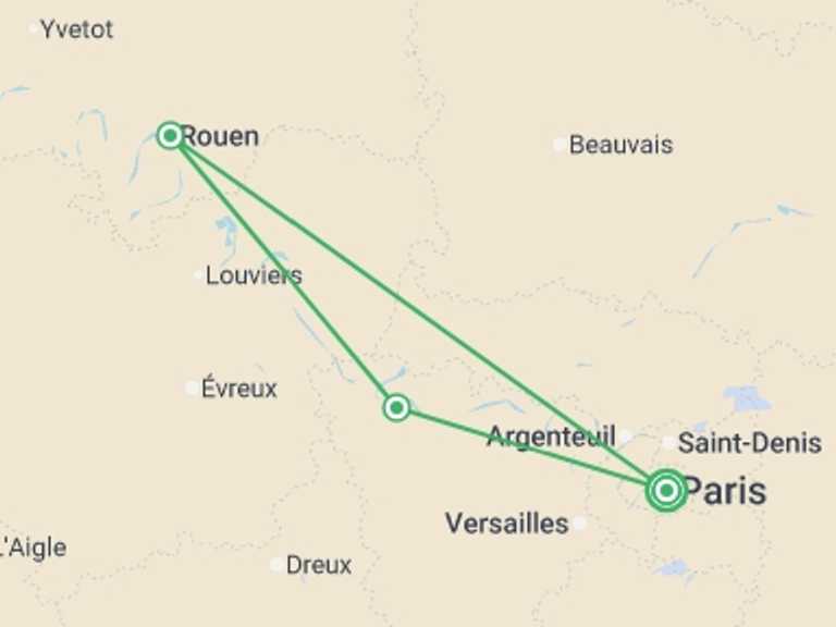 Map itinerary of Mediterranean Tour in March 2027 with 3 destination visits for the trip: From Paris, the City of Light, to the shores of Normandy, a festive and gourmet cruise on the Seine aboard a paddlewheel boat (port-to-port cruise)