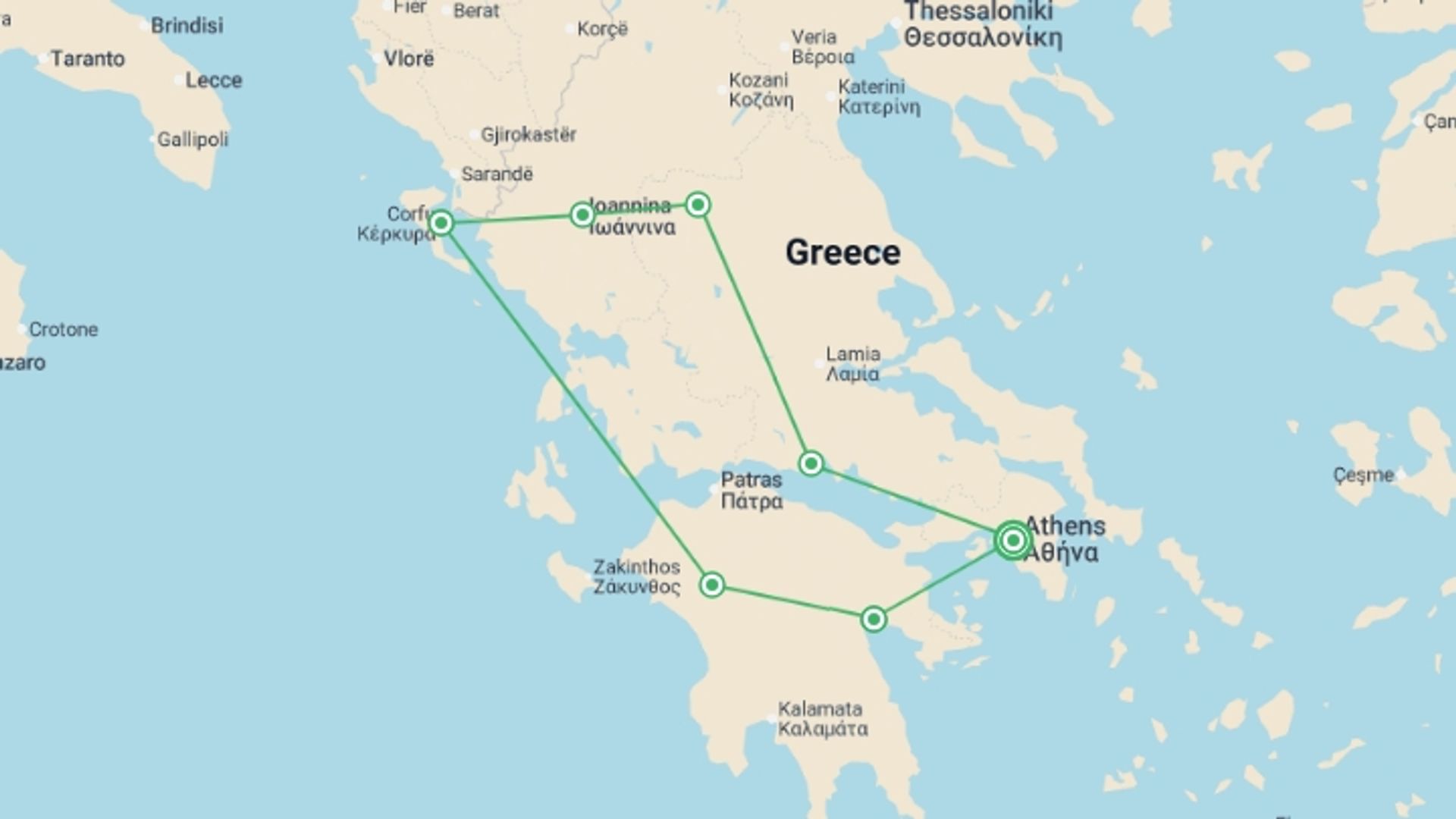 A map showing the tour itinerary for the trip: Secrets of Greece including Corfu, starting in Athens, Greece and ending in Athens, Greece going through 7 other destinations.
