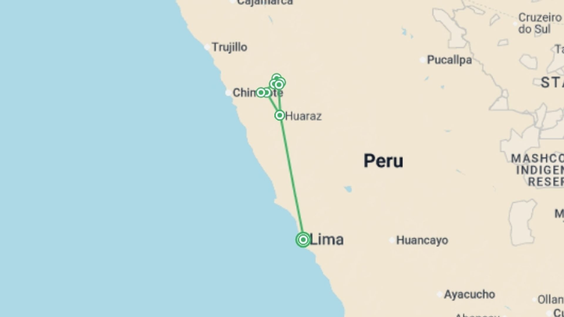 A map showing the tour itinerary for the trip: Alpamayo Circuit, starting in Lima, Peru and ending in Lima, Peru going through 8 other destinations.