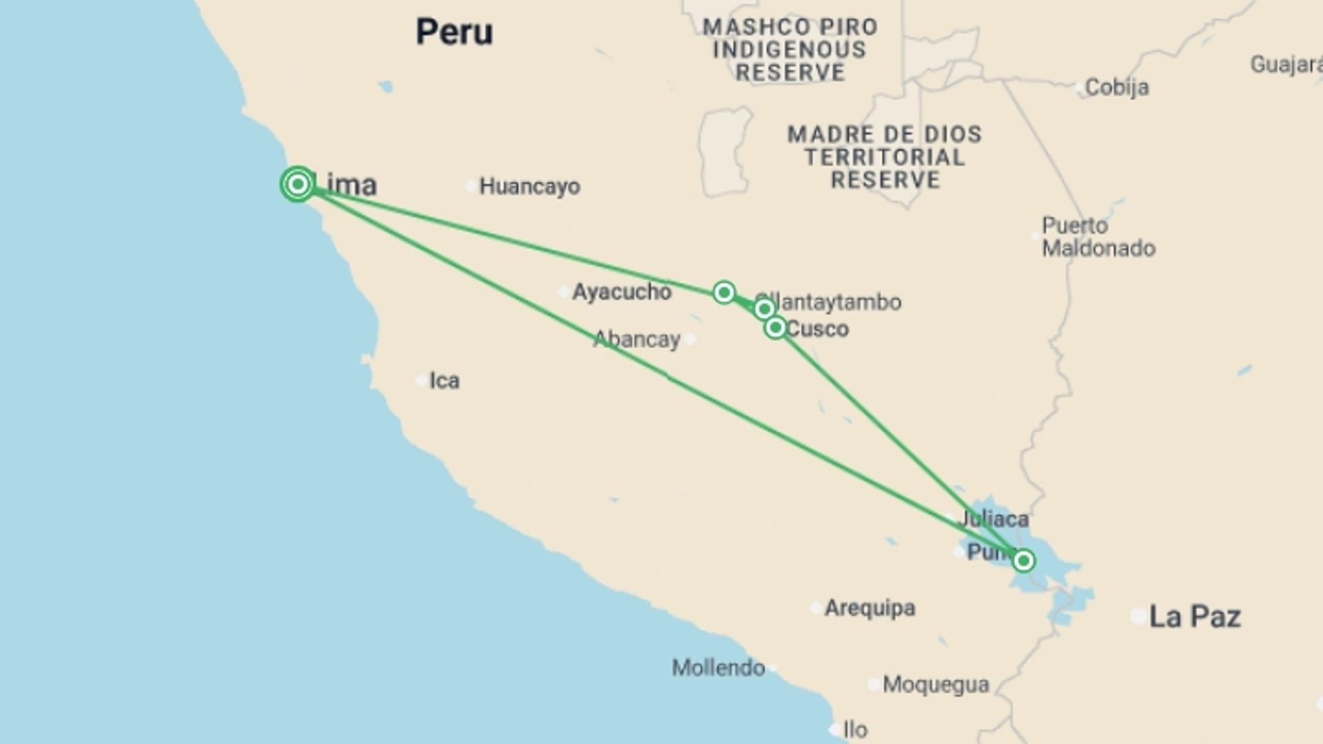 A map showing the tour itinerary for the trip: In the Footsteps of Incas, starting in Lima, Peru and ending in Lima, Peru going through 4 other destinations.