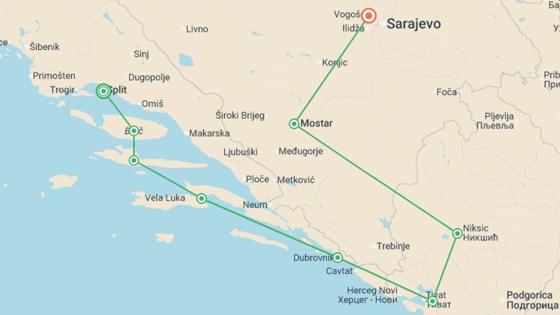A map showing the tour itinerary for the trip: Cycle Croatia & the Balkans, starting in Split, Croatia and ending in Sarajevo, Bosnia Herzegovina going through 7 other destinations.
