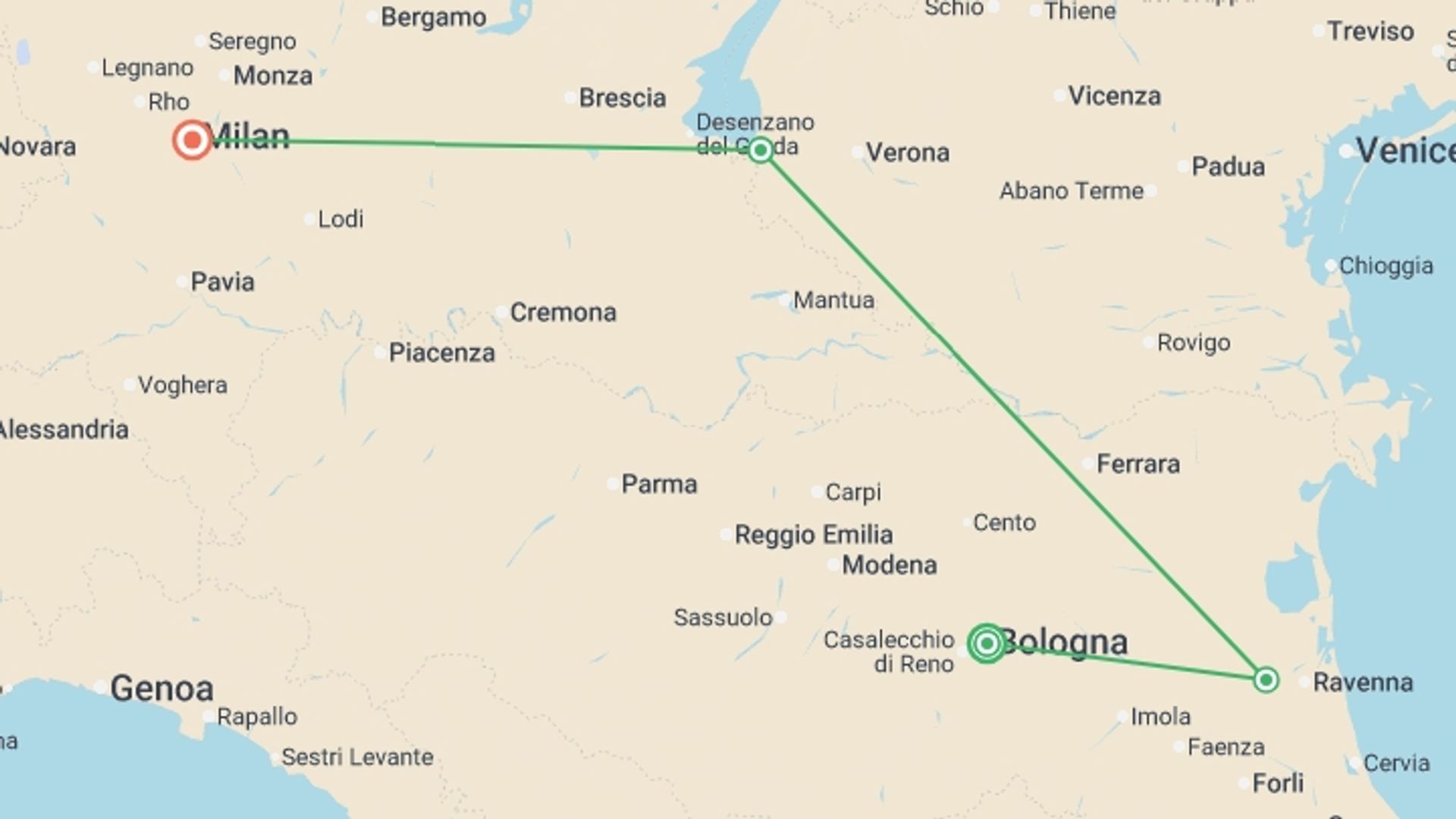 A map showing the tour itinerary for the trip: Hidden Treasures of Northern Italy, starting in Bologna, Italy and ending in Milan, Italy going through 2 other destinations.