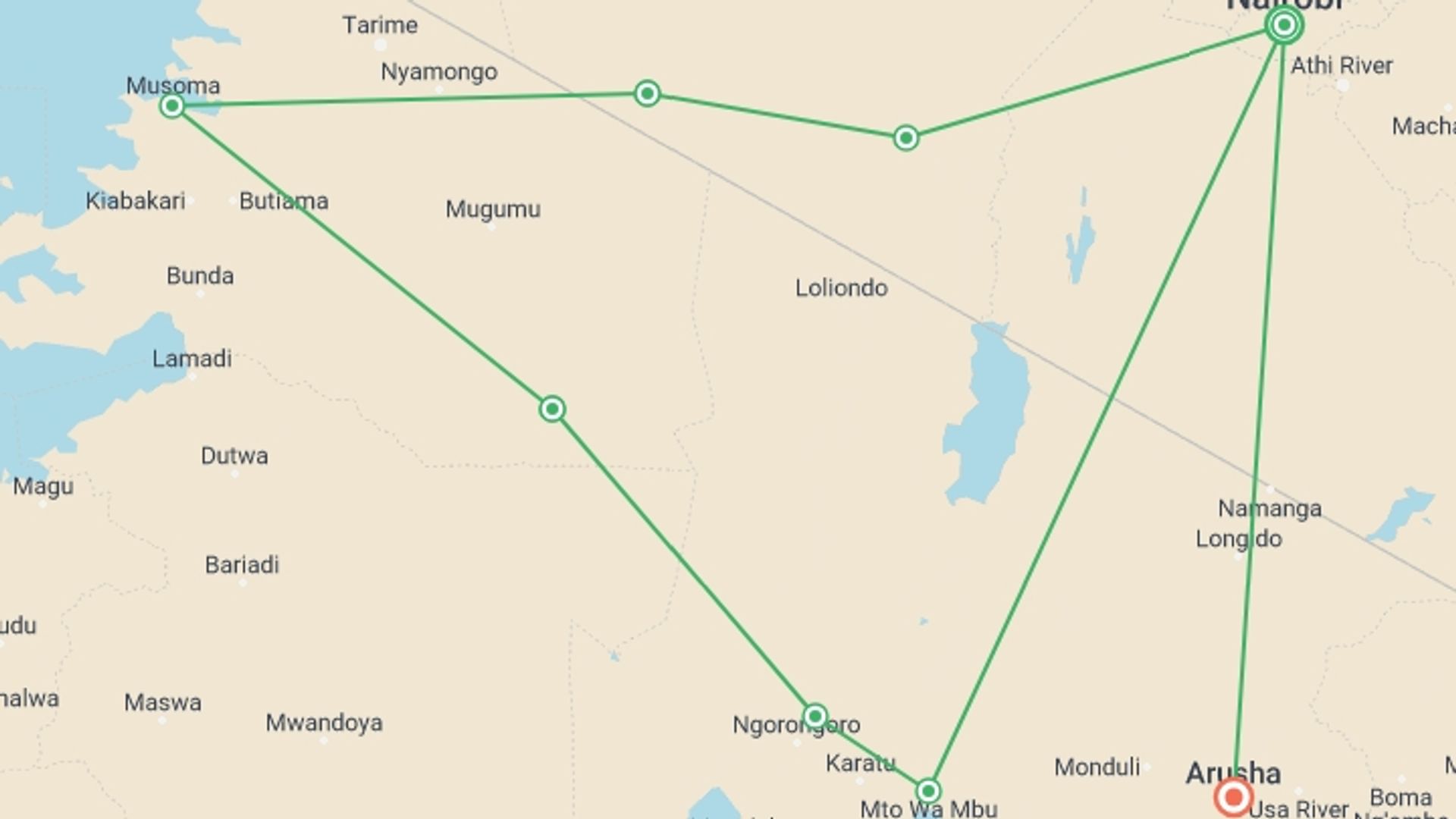 A map showing the tour itinerary for the trip: Essential East Africa, starting in Nairobi, Kenya and ending in Arusha, Tanzania going through 6 other destinations.
