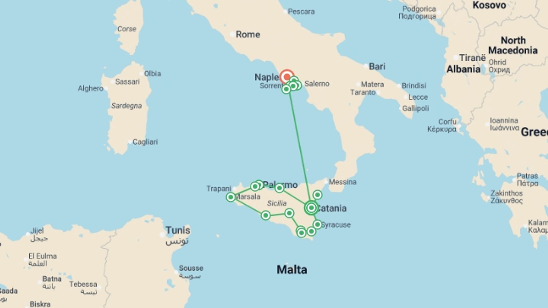 A map showing the tour itinerary for the trip: Sicily, Amalfi & Capri Discovery - 13 days, starting in Catania, Italy and ending in Naples, Italy going through 5 other destinations.
