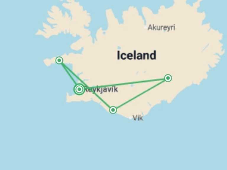 Map itinerary of Europe Tour in October 2026 with 4 destination visits for the trip: Iceland Winter Express - 4 days 