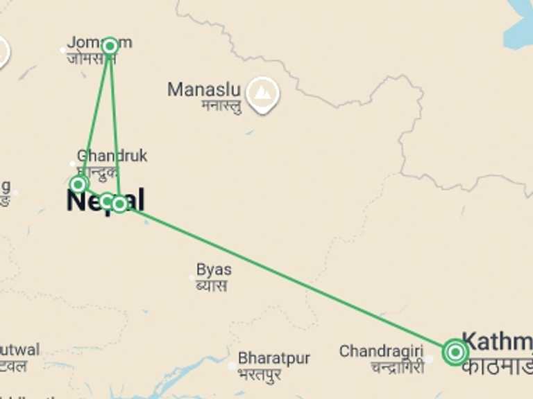 Map itinerary of Nepal Tour in Winter with 5 destination visits for the trip: Nepal Trek Challenge