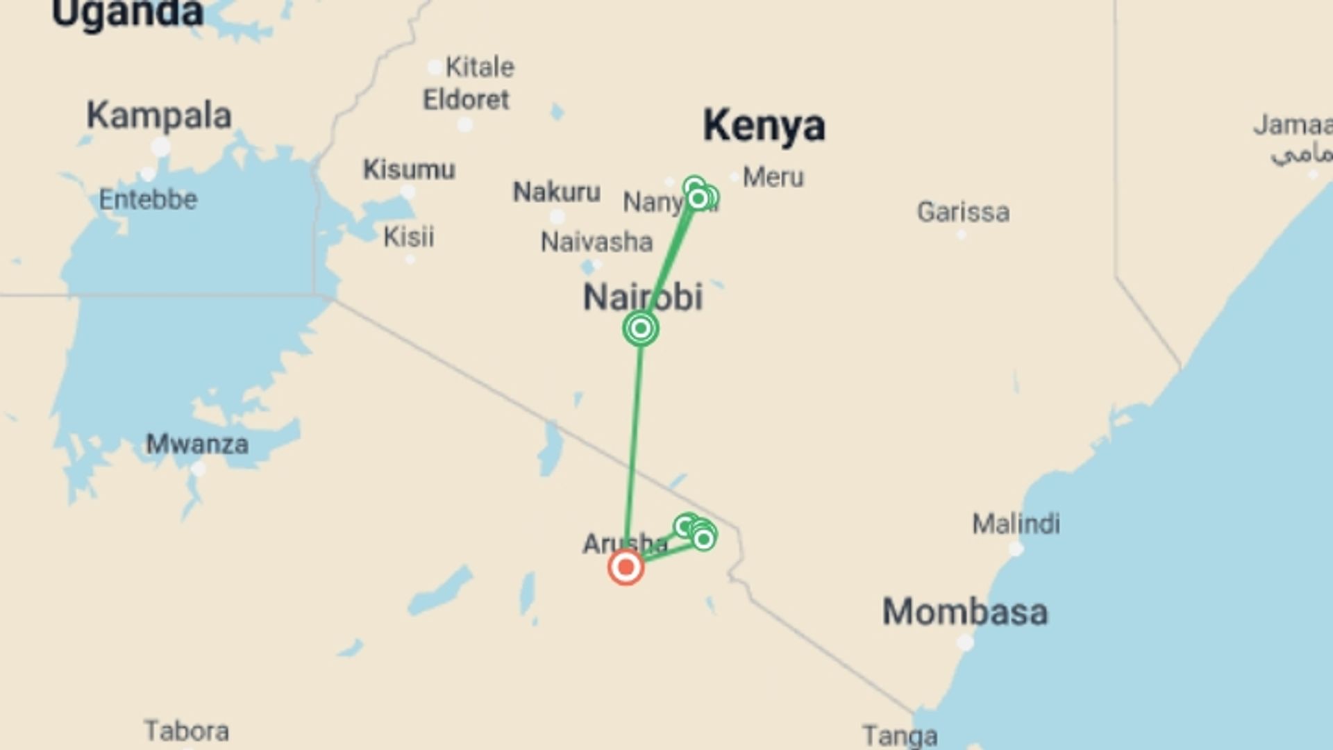 A map showing the tour itinerary for the trip: Twin Peaks, starting in Nairobi, Kenya and ending in Arusha, Tanzania going through 11 other destinations.