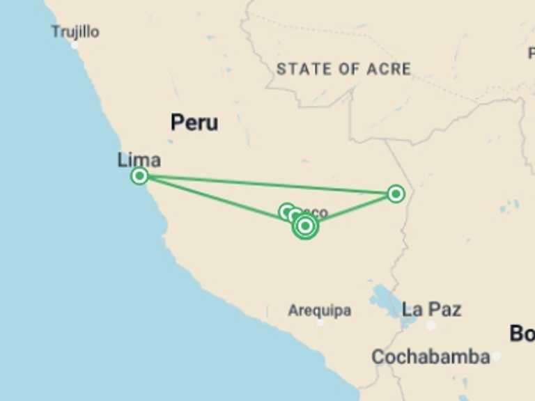 Map of 8-Day Lima Tour with 3 destination visits for the trip: Peruvian Dream