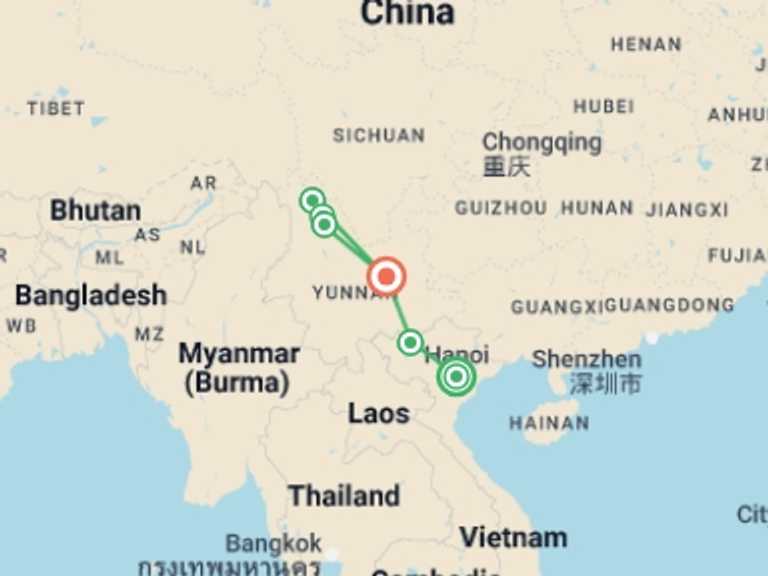 Map of a Train Tour with 6 destination visits for the trip: Vietnam & China: Hanoi to Kunming by Rail