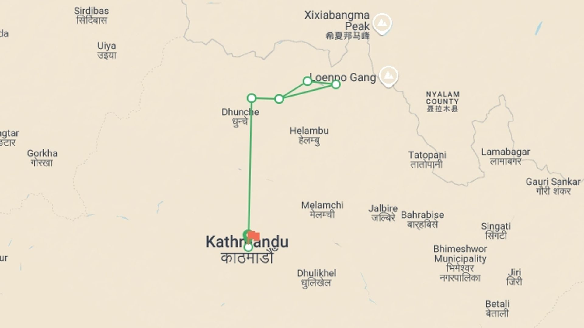 A map showing the tour itinerary for the trip: Langtang Valley Trek, starting in Kathmandu, Nepal and ending in Kathmandu, Nepal going through 5 other destinations.