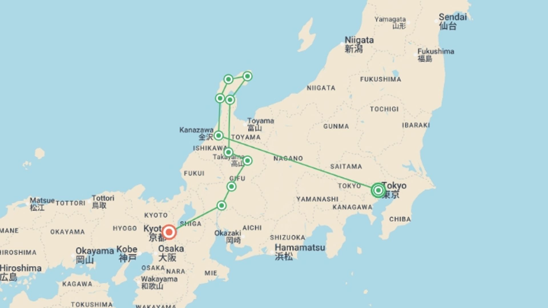 A map showing the tour itinerary for the trip: Cycling in Japan, starting in Tokyo, Japan and ending in Kyoto, Japan going through 9 other destinations.