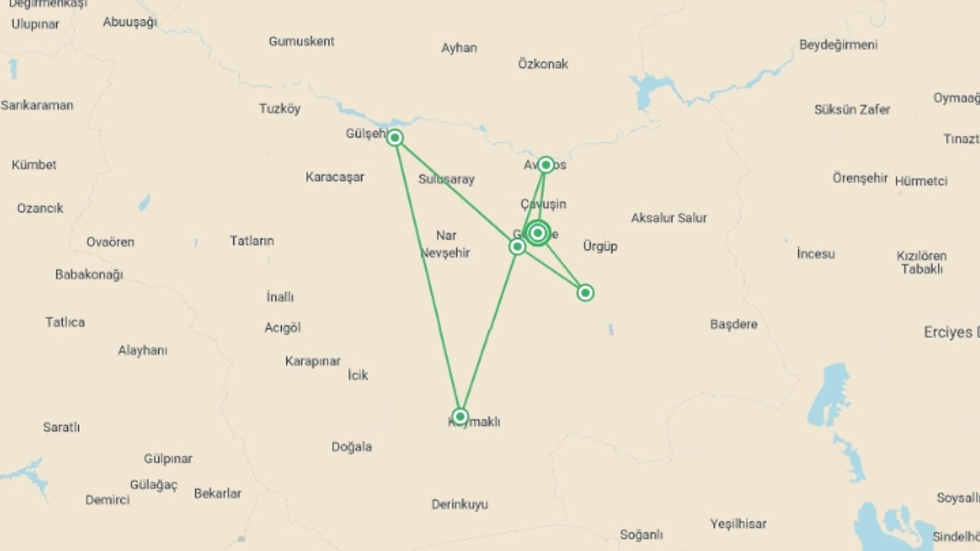A map showing the tour itinerary for the trip: Walking in Cappadocia, starting in Goreme, Turkey and ending in Goreme, Turkey going through 6 other destinations.
