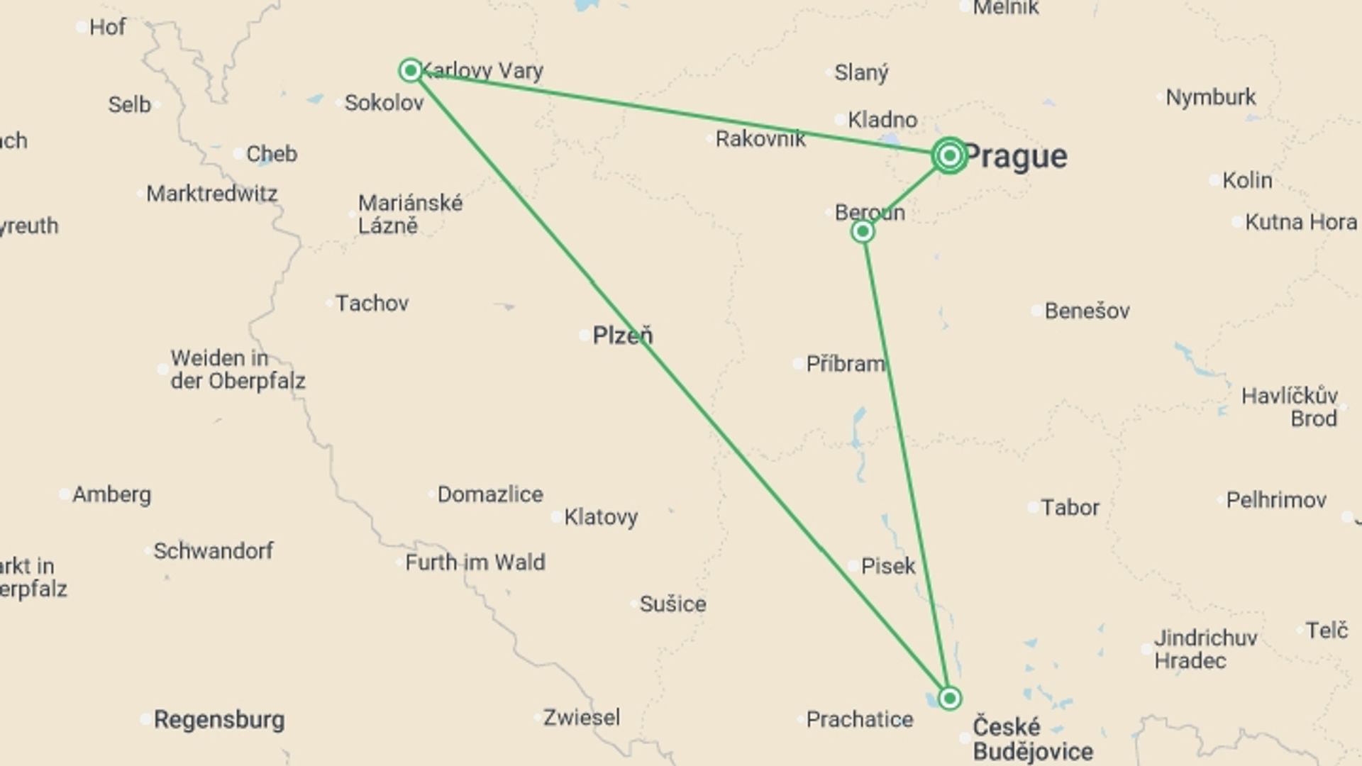 A map showing the tour itinerary for the trip: Castle Heritage of Bohemia (Prague Hub), starting in Prague, Czech Republic and ending in Prague, Czech Republic going through 4 other destinations.