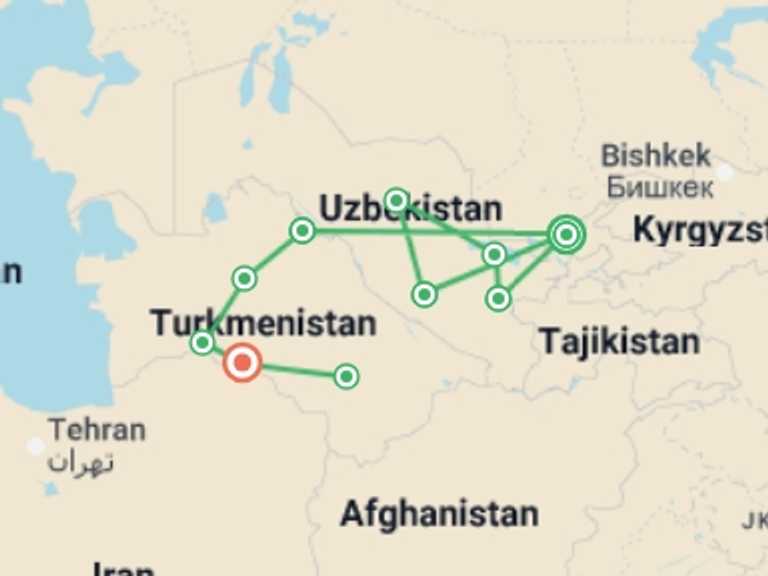Map of 19-Day Asia Tour with 10 destination visits for the trip: Uzbekistan & Turkmenistan Adventure