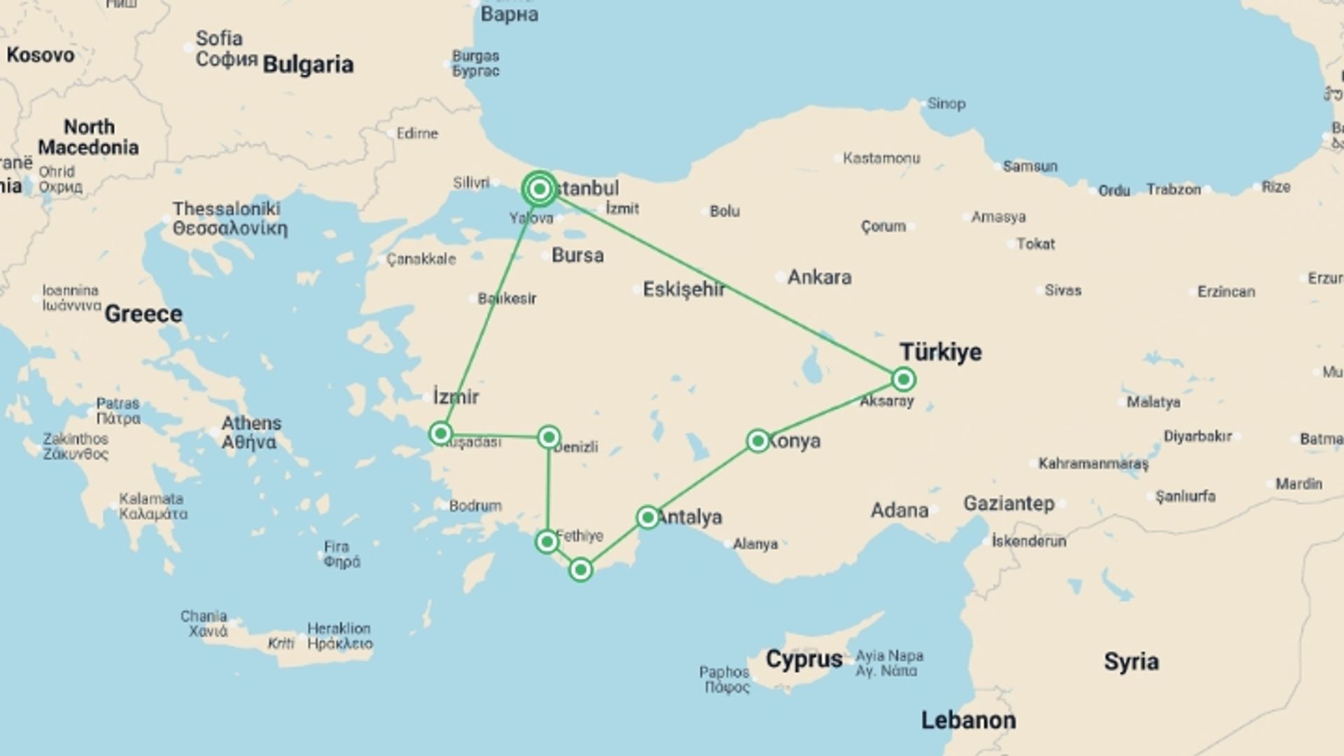 A map showing the tour itinerary for the trip: Best of Turkey, starting in Istanbul, Turkey and ending in Istanbul, Turkey going through 7 other destinations.