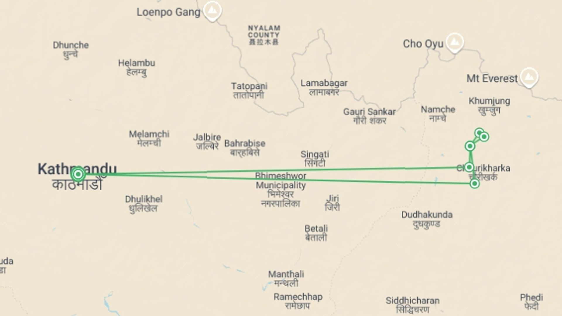 A map showing the tour itinerary for the trip: Everest-at-a-glance Trek, starting in Kathmandu, Nepal and ending in Kathmandu, Nepal going through 6 other destinations.