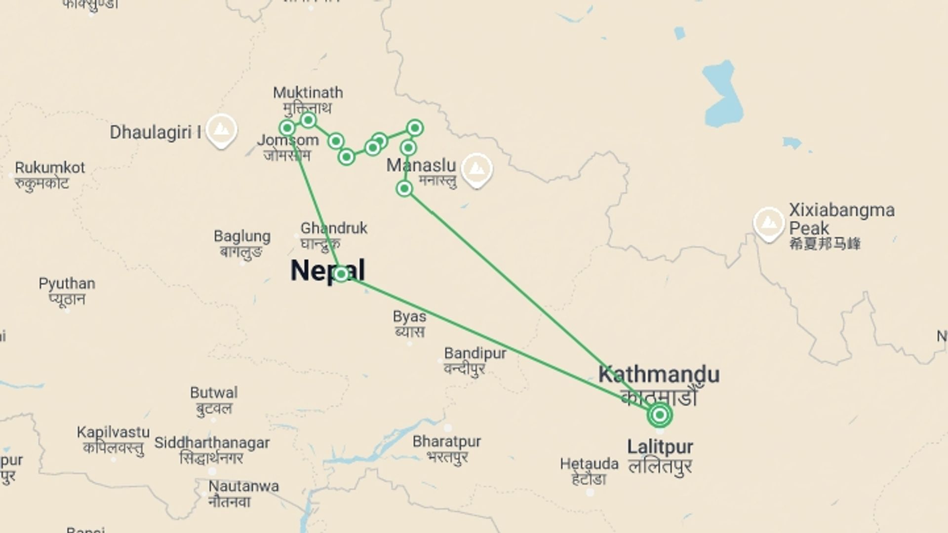 A map showing the tour itinerary for the trip: Nar Phu Valley Trek, starting in Kathmandu, Nepal and ending in Kathmandu, Nepal going through 13 other destinations.