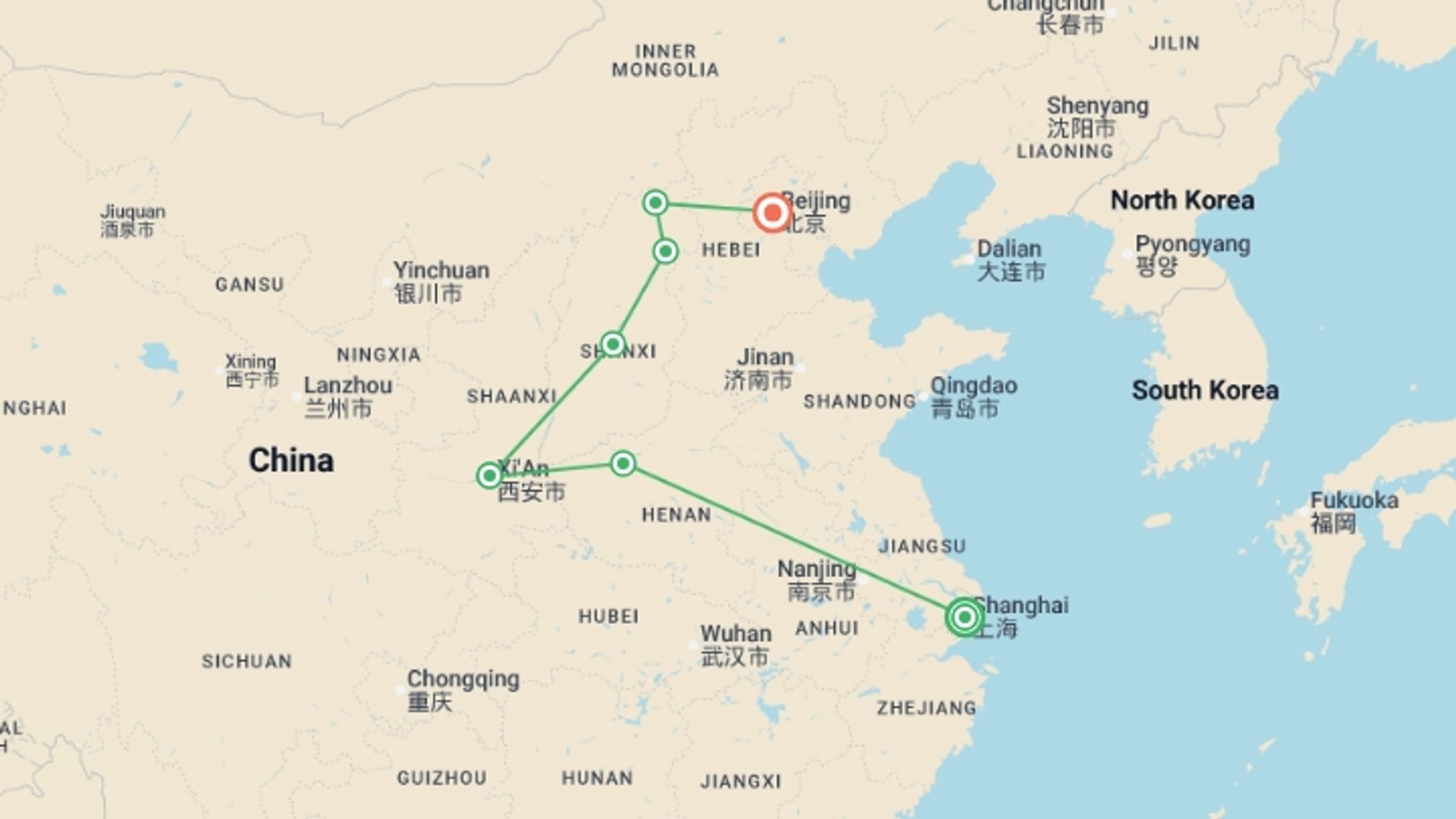 A map showing the tour itinerary for the trip: Classical China, starting in Shanghai, China and ending in Beijing, China going through 5 other destinations.