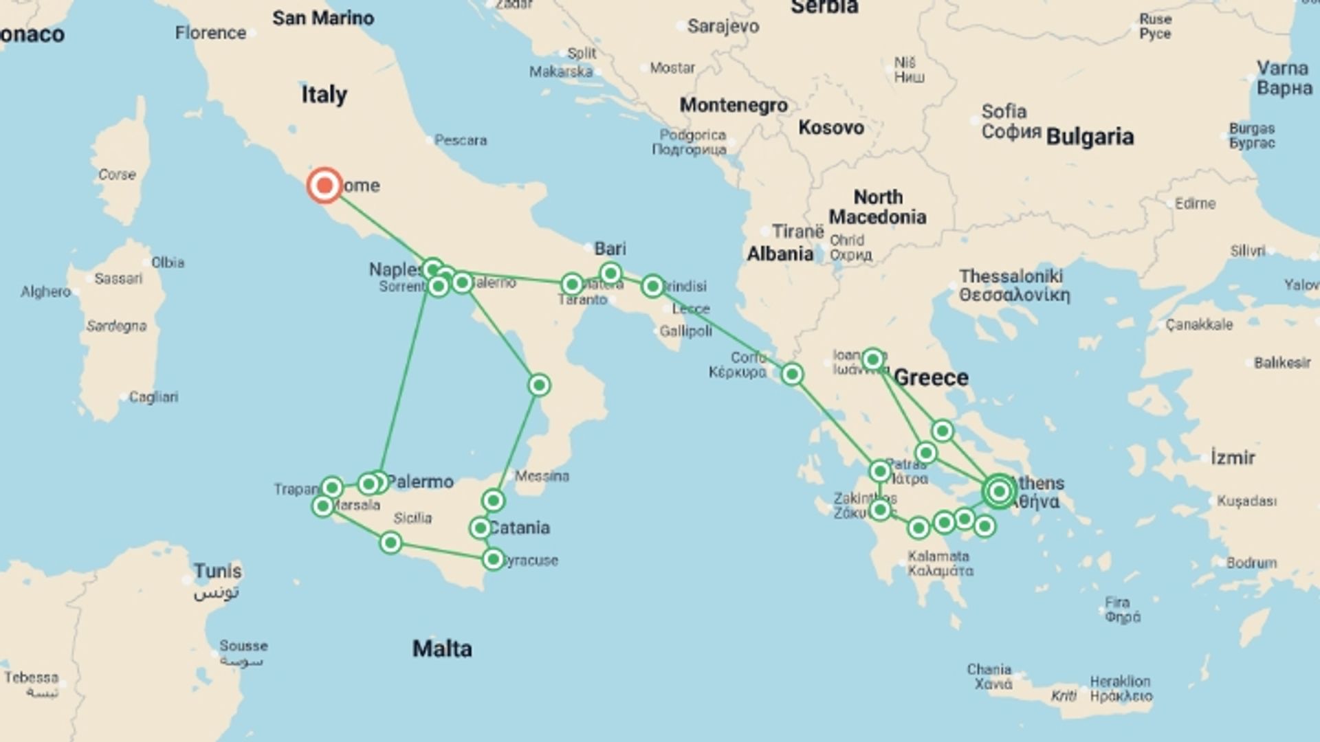 A map showing the tour itinerary for the trip: Complete Greece and Sicily, starting in Athens, Greece and ending in Rome, Italy going through 9 other destinations.
