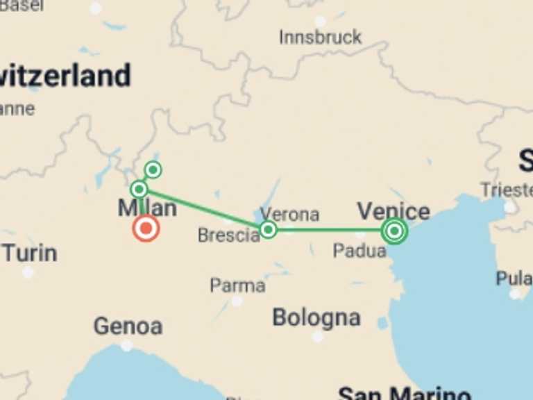 Map itinerary of Milan Tour in Summer with 4 destination visits for the trip: North Of Italy, Private Tour