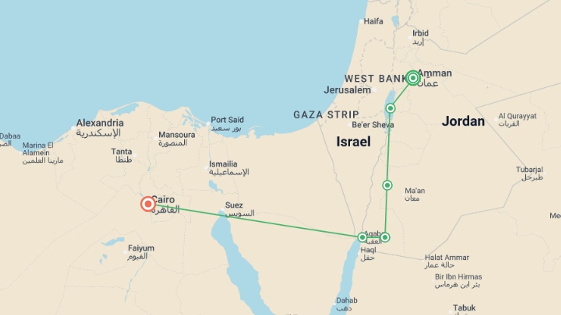 A map showing the tour itinerary for the trip: Unforgettable Jordan and Cairo, starting in Amman, Jordan and ending in Cairo, Egypt going through 4 other destinations.