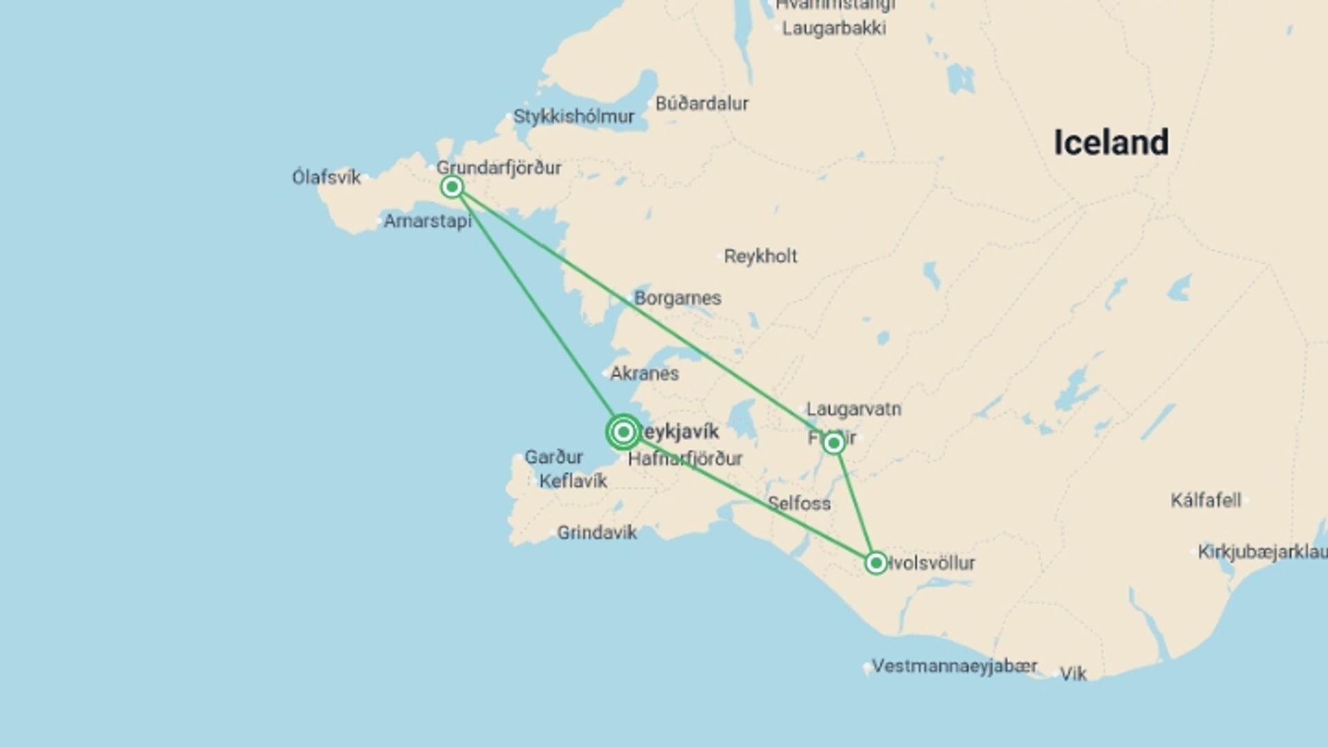 A map showing the tour itinerary for the trip: Iceland Family Holiday, starting in Reykjavik, Iceland and ending in Reykjavik, Iceland going through 3 other destinations.