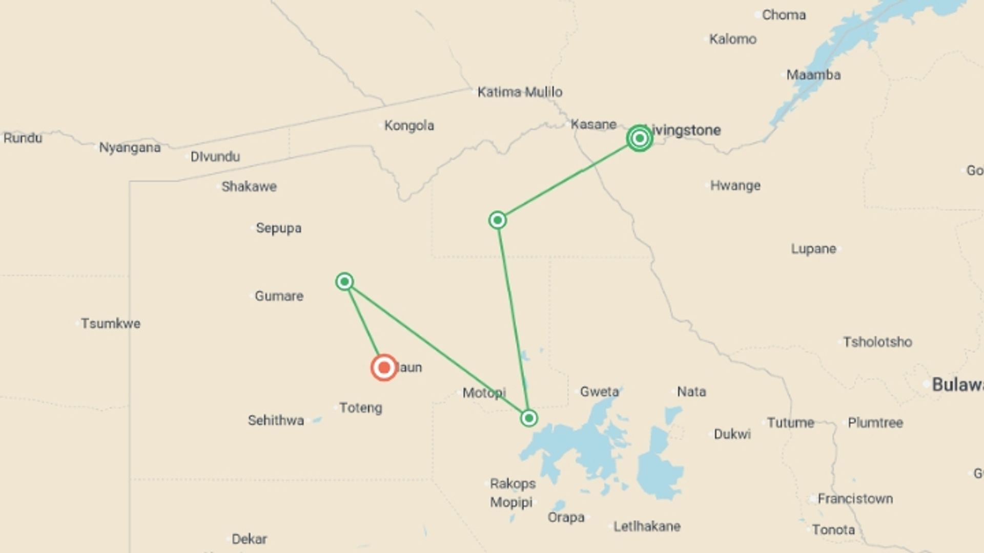 A map showing the tour itinerary for the trip: Victoria Falls and Botswana 35 to 45, starting in Victoria Falls, Zimbabwe and ending in Maun, Botswana going through 3 other destinations.