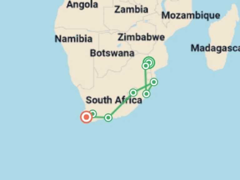 Map itinerary of Africa Tour in April 2027 with 9 destination visits for the trip: South Africa: See & Experience it all in 12 Days
