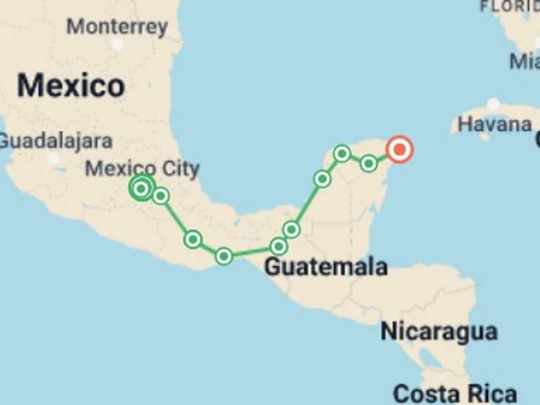 Map itinerary of Mexico Tour in October 2026 with 11 destination visits for the trip: Discover Mexico - Day of the Dead (Oaxaca)