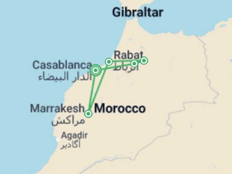 Map of Africa Tour with 3 destination visits for the trip: Casablanca to Fes & Marrakech - 8 days 