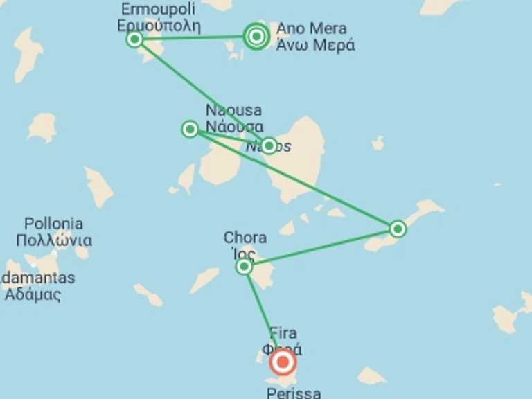 Map of a Sailing, yachting and motor boating Tour with 7 destination visits for the trip: Sail Greece: Mykonos to Santorini