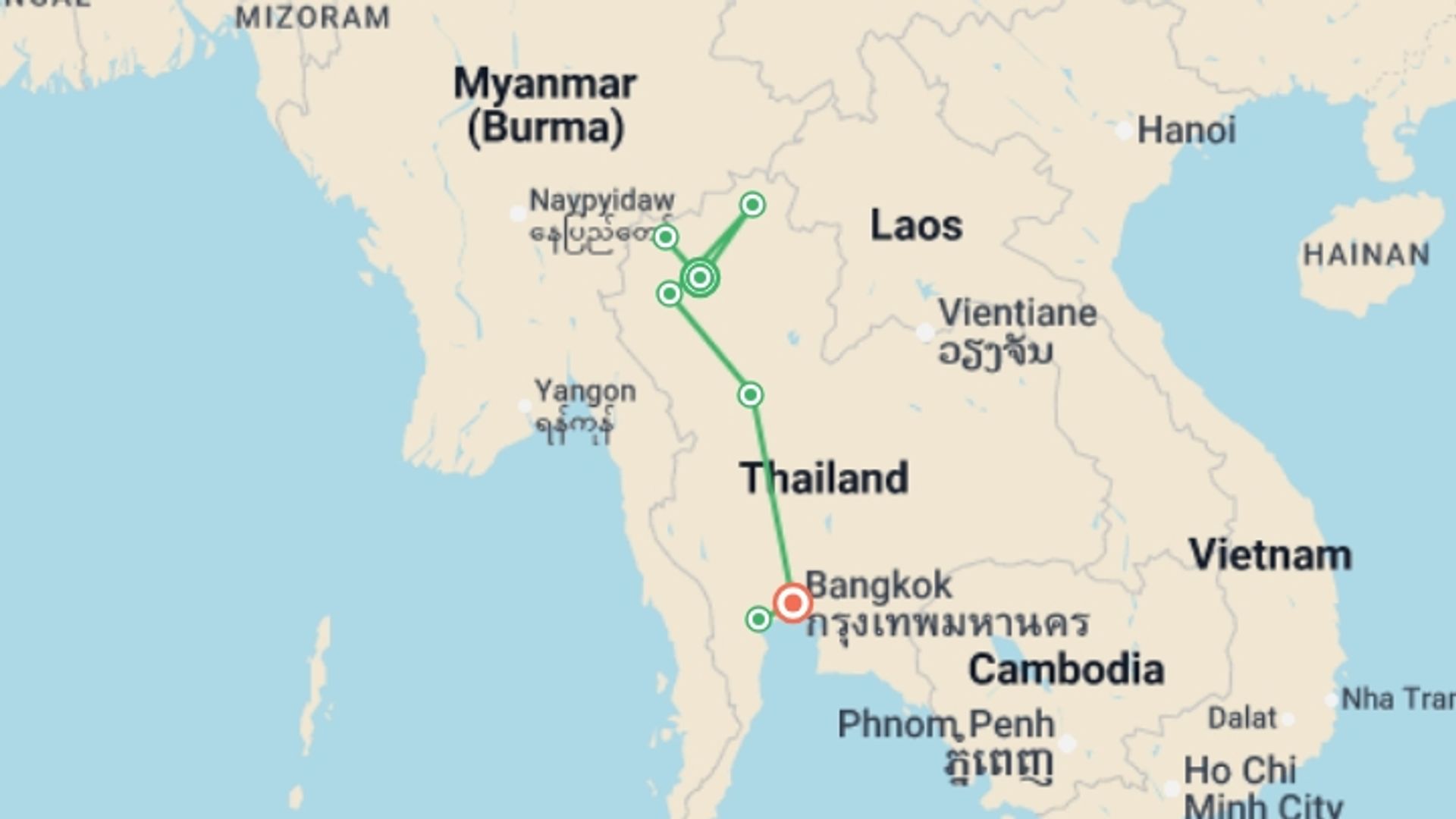 A map showing the tour itinerary for the trip: Thailand North and Central: See & experience it all, starting in Chiang Mai, Thailand and ending in Bangkok, Thailand going through 5 other destinations.