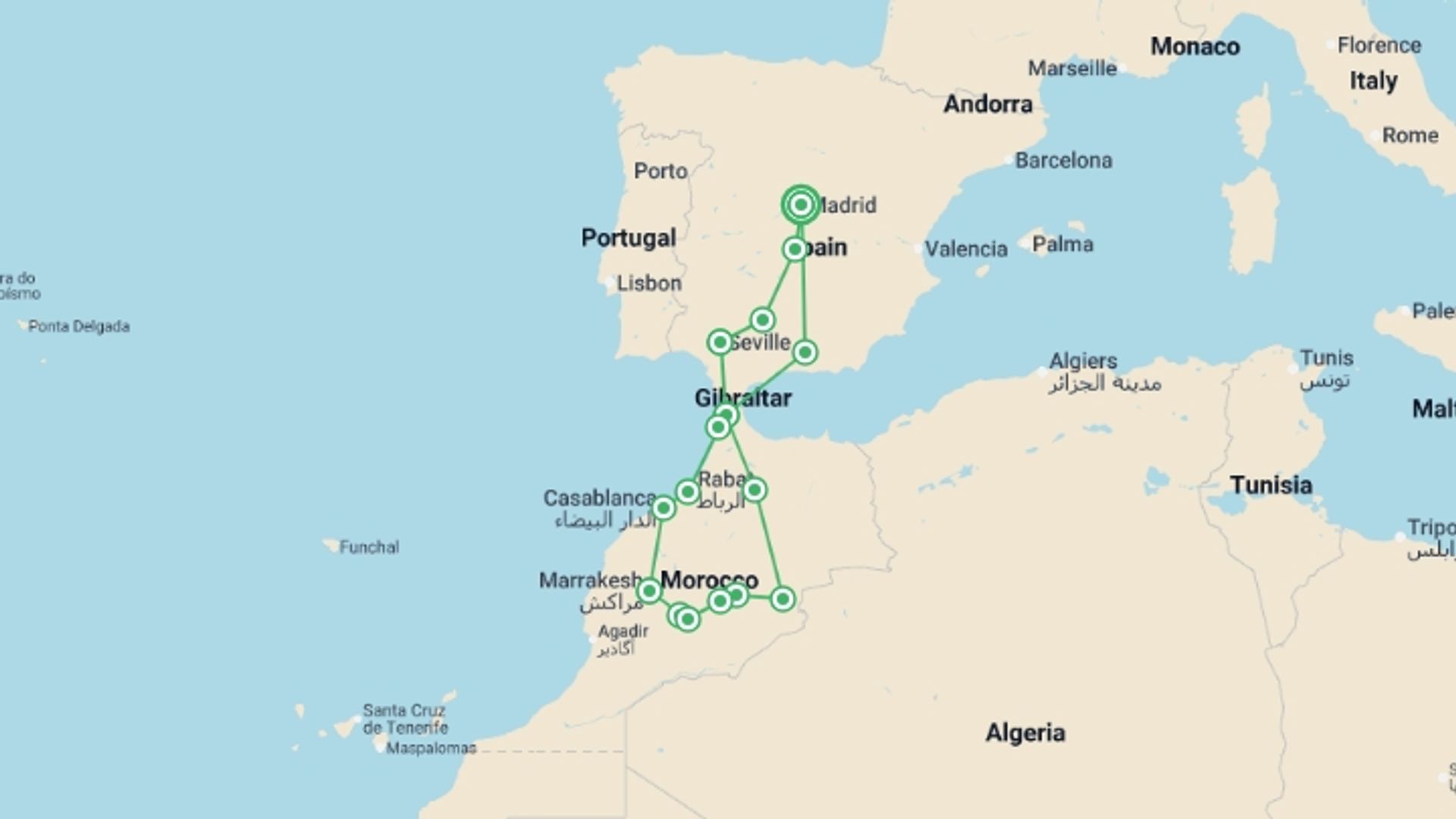 A map showing the tour itinerary for the trip: Madrid and Magical Morocco, starting in Madrid, Spain and ending in Madrid, Spain going through 8 other destinations.