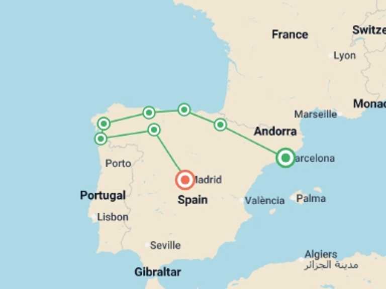 Map of a Adventure and sport Tour with 8 destination visits for the trip: Barcelona, Santiago & Madrid - 8 days