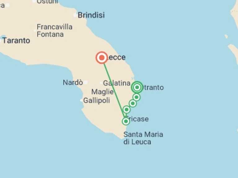 Map itinerary of Mediterranean Tour in July 2026 with 7 destination visits for the trip: Puglia Coastal Walk