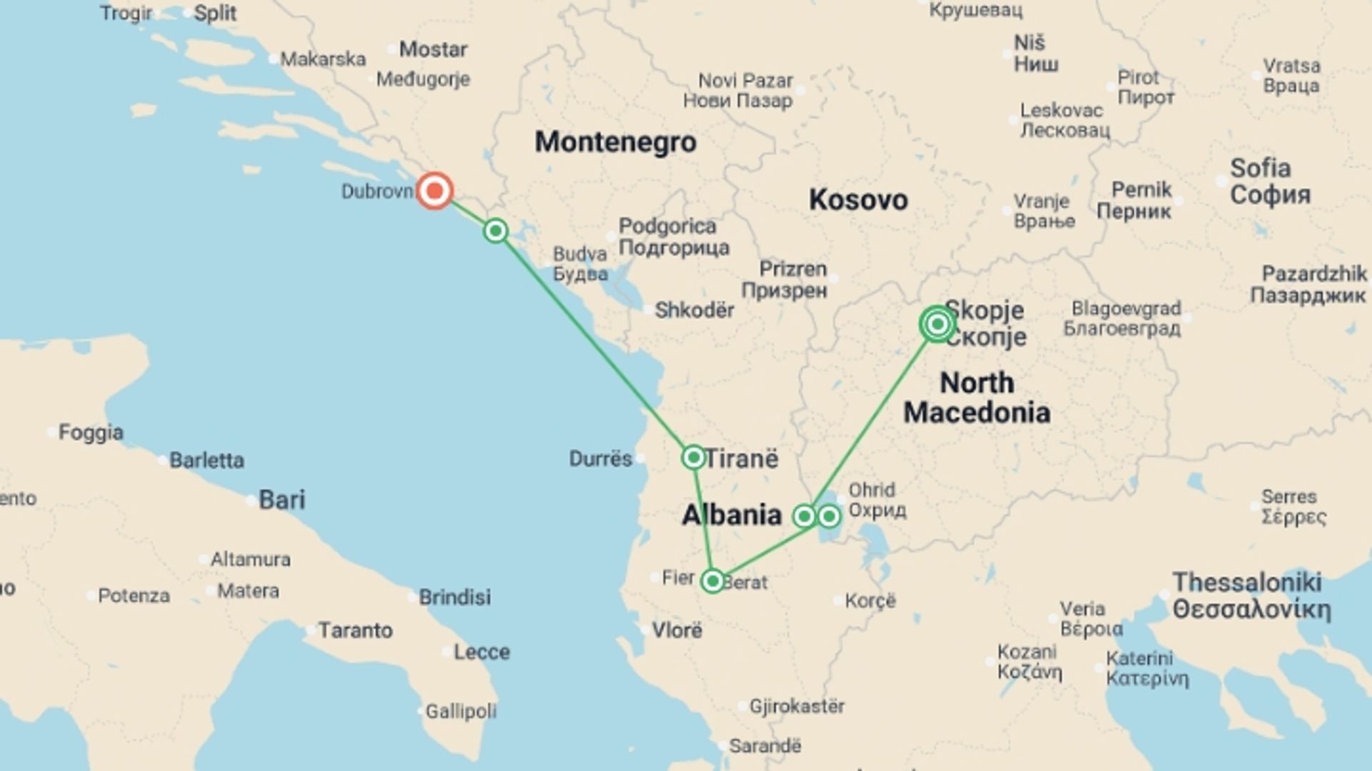 A map showing the tour itinerary for the trip: Western Balkans Uncovered, starting in Skopje, Macedonia and ending in Dubrovnik, Croatia going through 6 other destinations.
